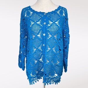 Style Studio Blue Crochet Open Knit Cardigan Sweater 3/4 Sleeve Size Large